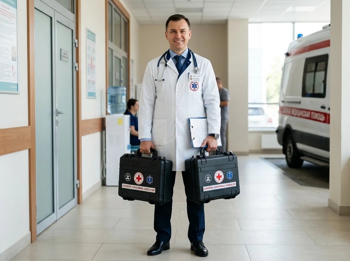 Врач-нарколог в белом халате с медицинским чемоданчиком, готов к выезду на дом, профессиональный вид, нейтральный светлый фон